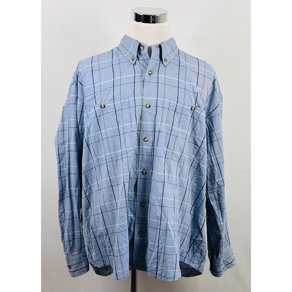 Cabelas 2XL Chambray Outdoor Shirt Blue Plaid Button Down 100% Cotton Casual - Picture 2 of 5